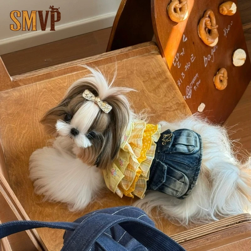 

Cute Layered Dog Outfit Floral Plaid Ruffle Top With Denim Dress Summer Pet Dress For Shih Tzu And Small Breeds Dog Clothes