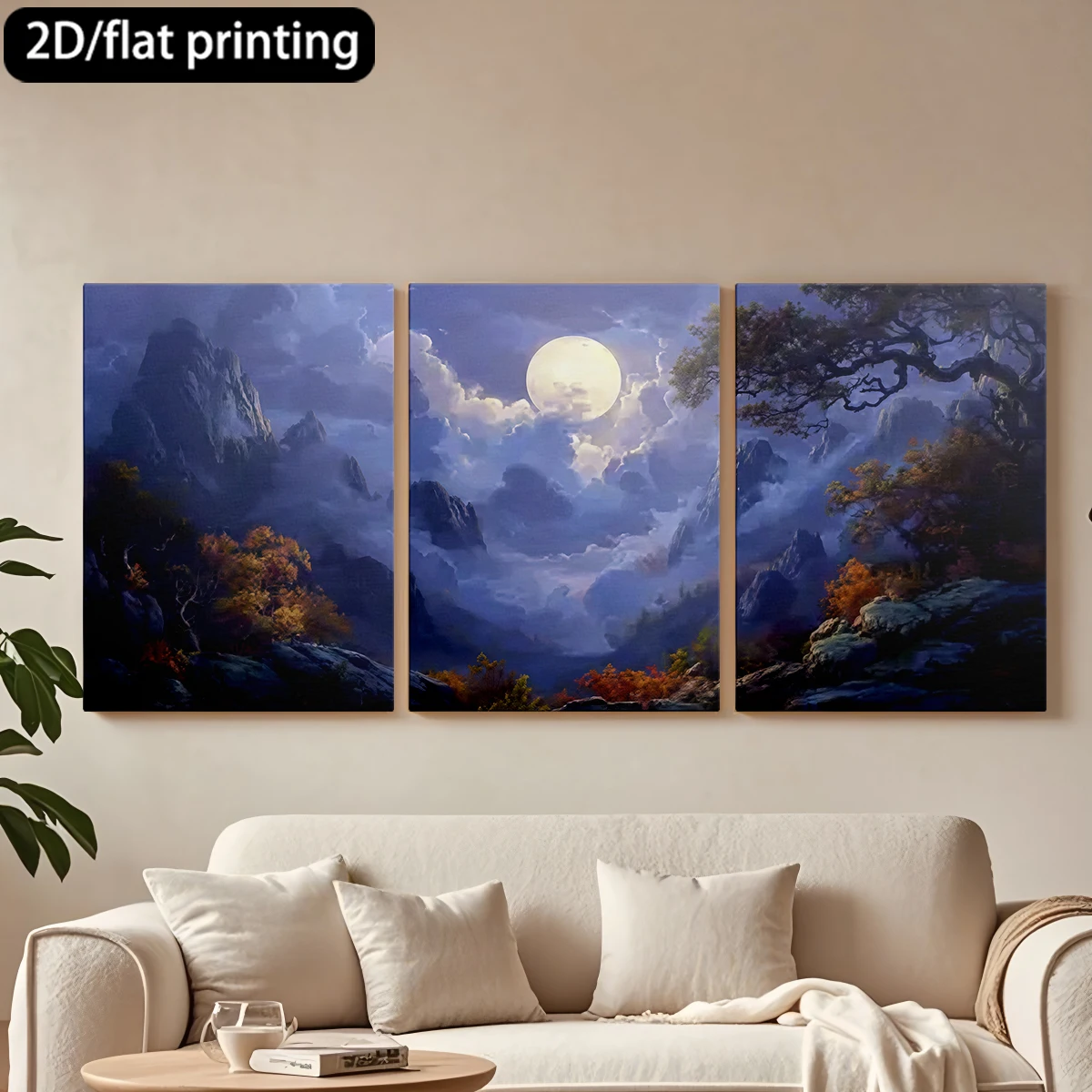 

Декоративная картина на холсте с тремя панелями: Ландшафт гор под лунным светом, осенняя листва.