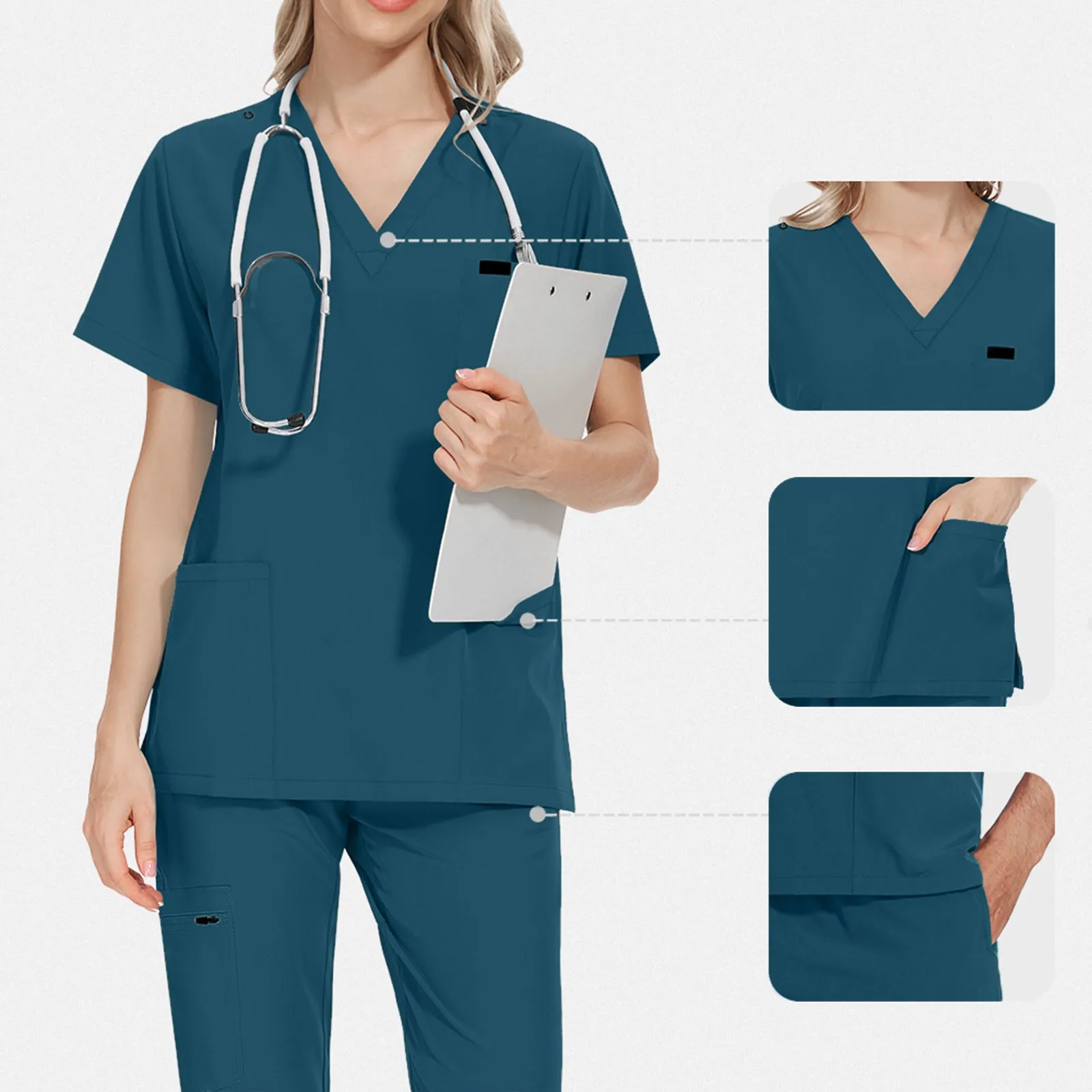 

Wholesale Scrubs Set For Women Summer 2 Piece Stretch V-Neck Top With Side Slits And Pants Surgical Medical Scrubs Work Clothes