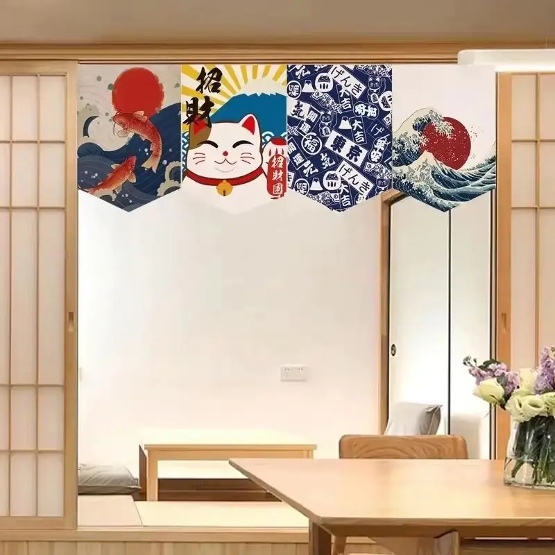 VIKAMA Japanese Maneki-neko Koi Waves Triangle Banner Curtain Retro Ukiyo-e Room Divider Kitchen Entryway Izakaya Home Decor