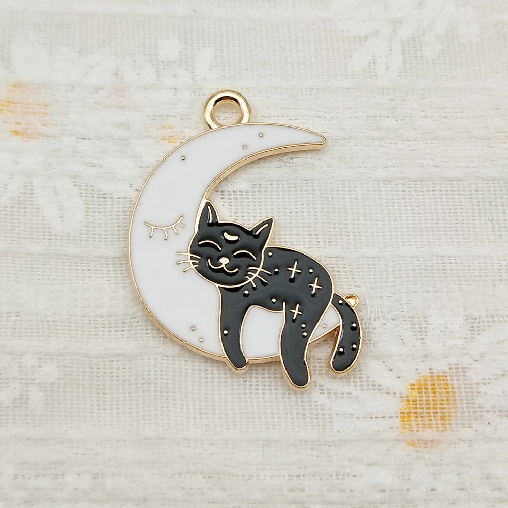 10pcs Sun Moon Cat Charms for Jewelry Making Enamel Necklace Keychain Phone Pendant Diy Accessories Alloy Metal Gold Plated