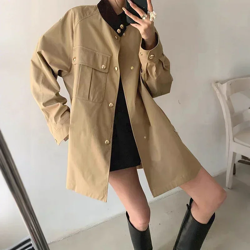 

LUXURY-Women's Corduroy Stand Collar Trench, Concealed Button, Big Pocket, Military Style, Silhouette, Autumn, Winter, 2024