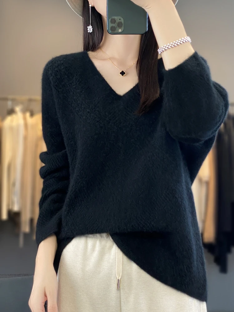 

Women Aliselect Fashion 100% Merino Wool Sweater V-Neck Long Sleeve Basic Autumn Winter Clothing Jumper Knitwear Tops