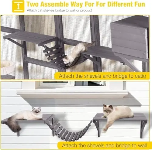 Catio Outdoor Cat Enclosure Window, Wall-Mounted Large Walk-in Cat Playpen with Scratch Posts, Basket, Platform, Bridge