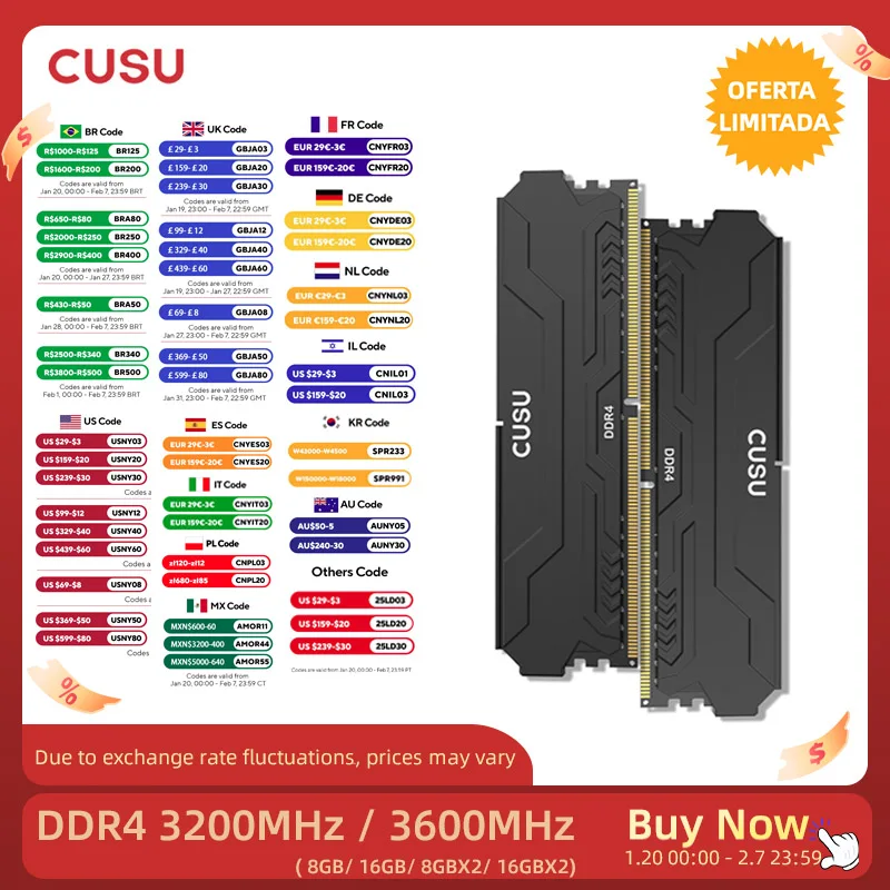 CUSU Memoria Ram DDR4 8gb 16gb 3200mhz 3600mhz DDR4 Desktop Memory 288pin Udimm XMP2.0 Heatsink for Motherboard