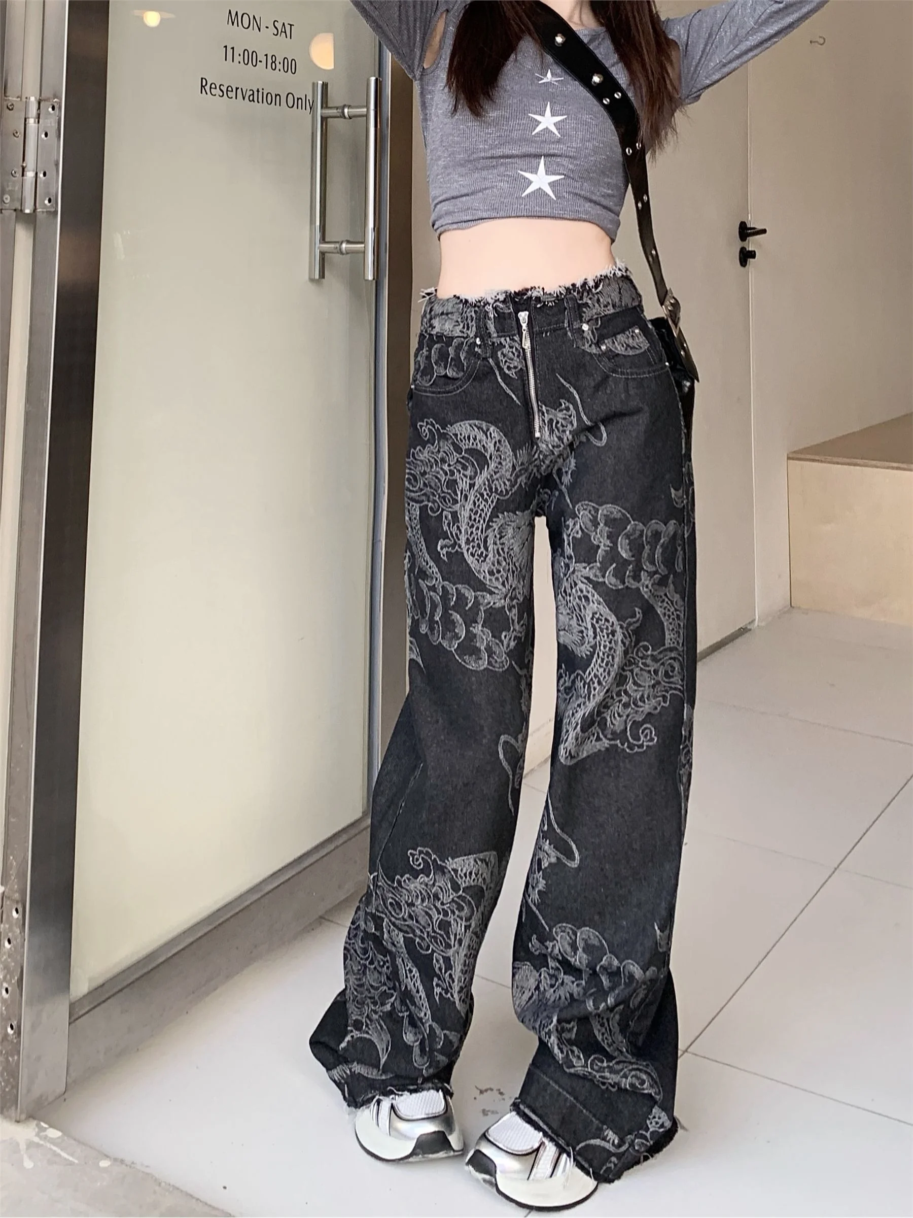Punk Black Print Gothic Flare Jeans Women Low Rise Vintage Denim Pants Dark Academia Y2k Japanese Streetwear Goth Trousers