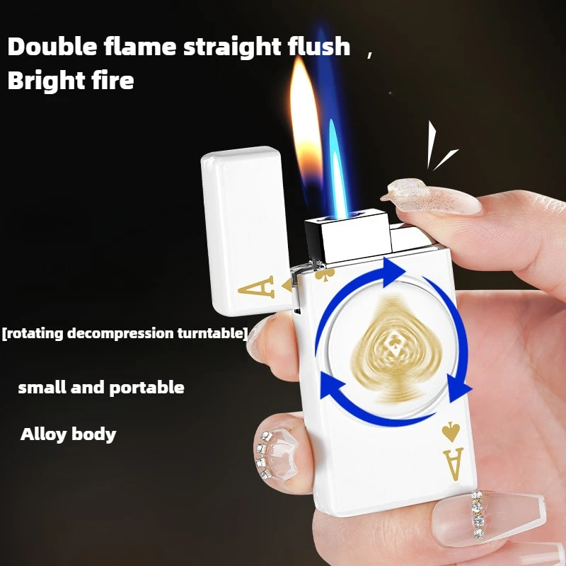 New Personalized Poker Lighter Double Flame Conversion Turntable Decompression Fingertip Play High-end Gifts for Boyfriend