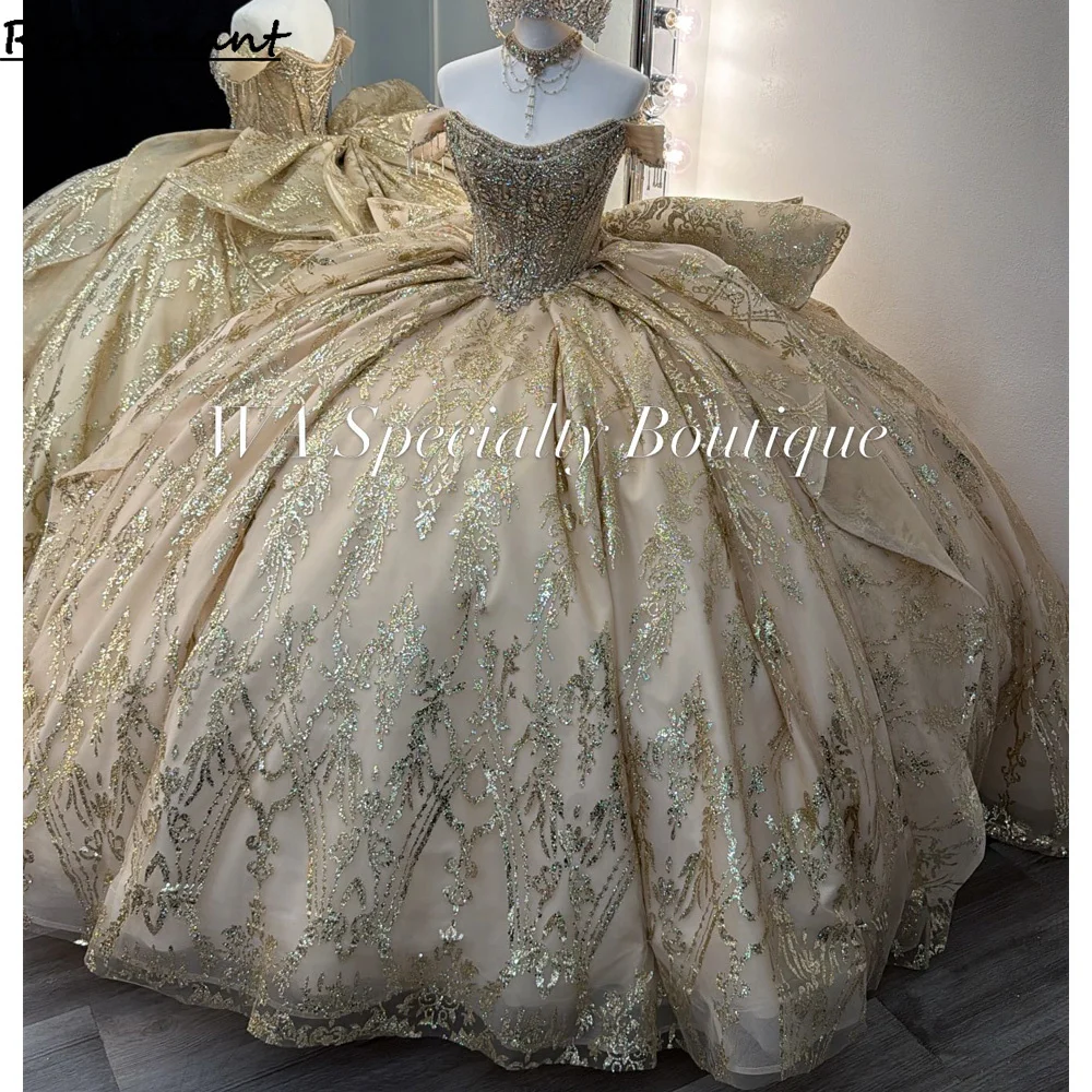 Luxury Champagne  Quinceanera Dresses For Teen Girl Crystal Handmade Flower Bow Puffy Skirt Women Prom Birthday Party Occasion