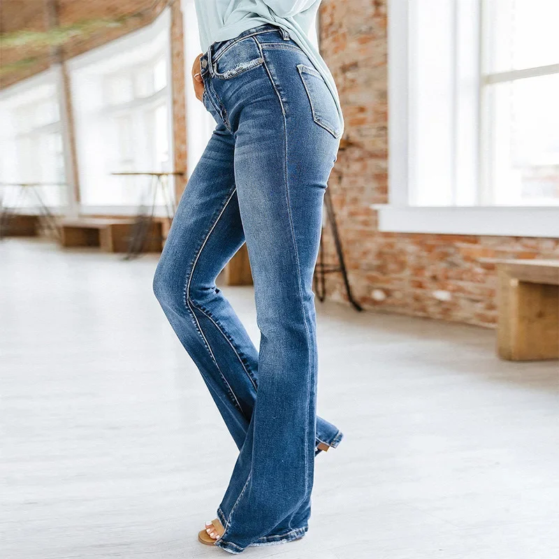 Women Jeans High Waist Flare Pants Spliced Denim Washing Pockets Solid Loose Fit Ankle Length Slight Strech Streetwear