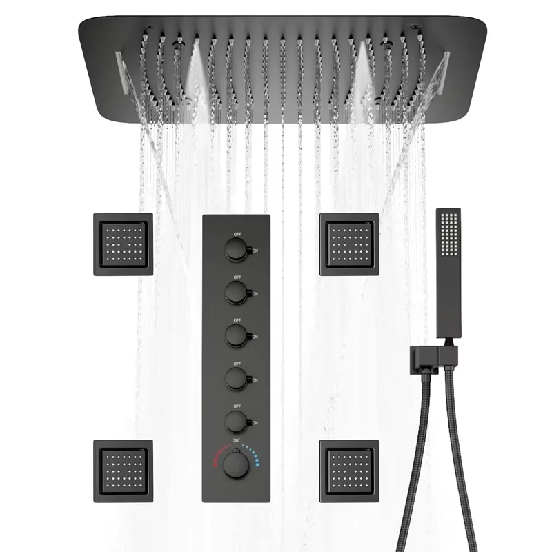 16*24inch Large Shower Head Multi- Functions Thermostatic Luxury Black  Rainfall Shower System Shower Set