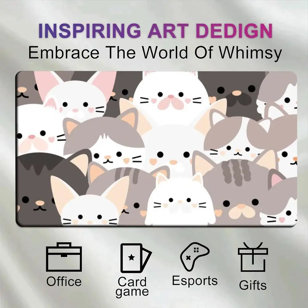Cute Cartoon Stacked Kittens TCG Playmat With Full Printed Zones Non-Slip Rubber Table Mat for Trading Card Game 60x35cm