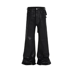 Y2k Streetwear Wax Leather Strecth Jeans for Men and Women Ropa Hombre Baggy Flare Pants Oversized Straight Denim Trousers