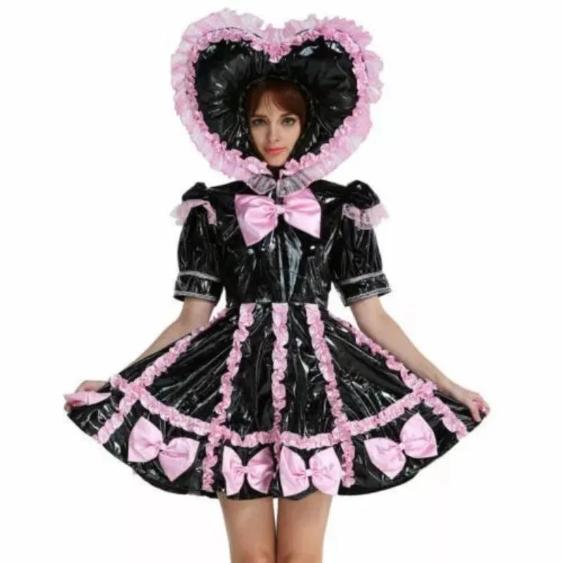 

Sexy adult baby sissy girl pink PVC lockable maid cosplay costume customizable