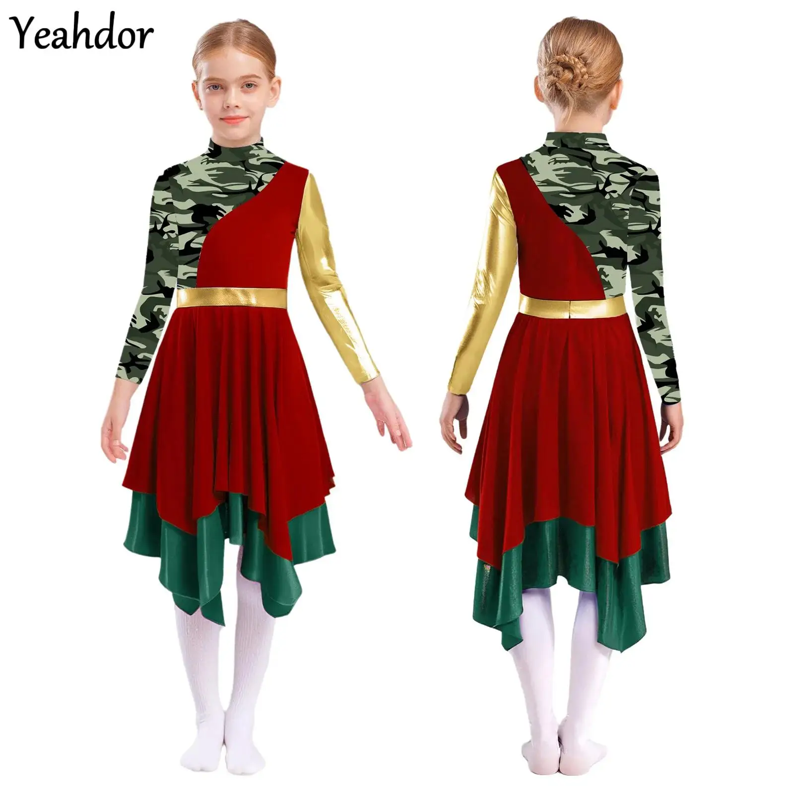 

Kids Girls Liturgical Praise Dance Dress Long Sleeve Print Metallic Color Block Gown Christian Worship Church Choir Performance