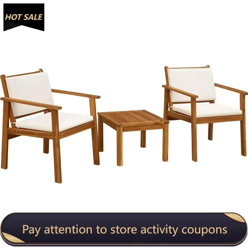 

Patio Chairs 3 Piece Acacia Wood Patio Furniture with Coffee Table & Cushions Outdoor Conversation Set Balcony Chairs for Porch