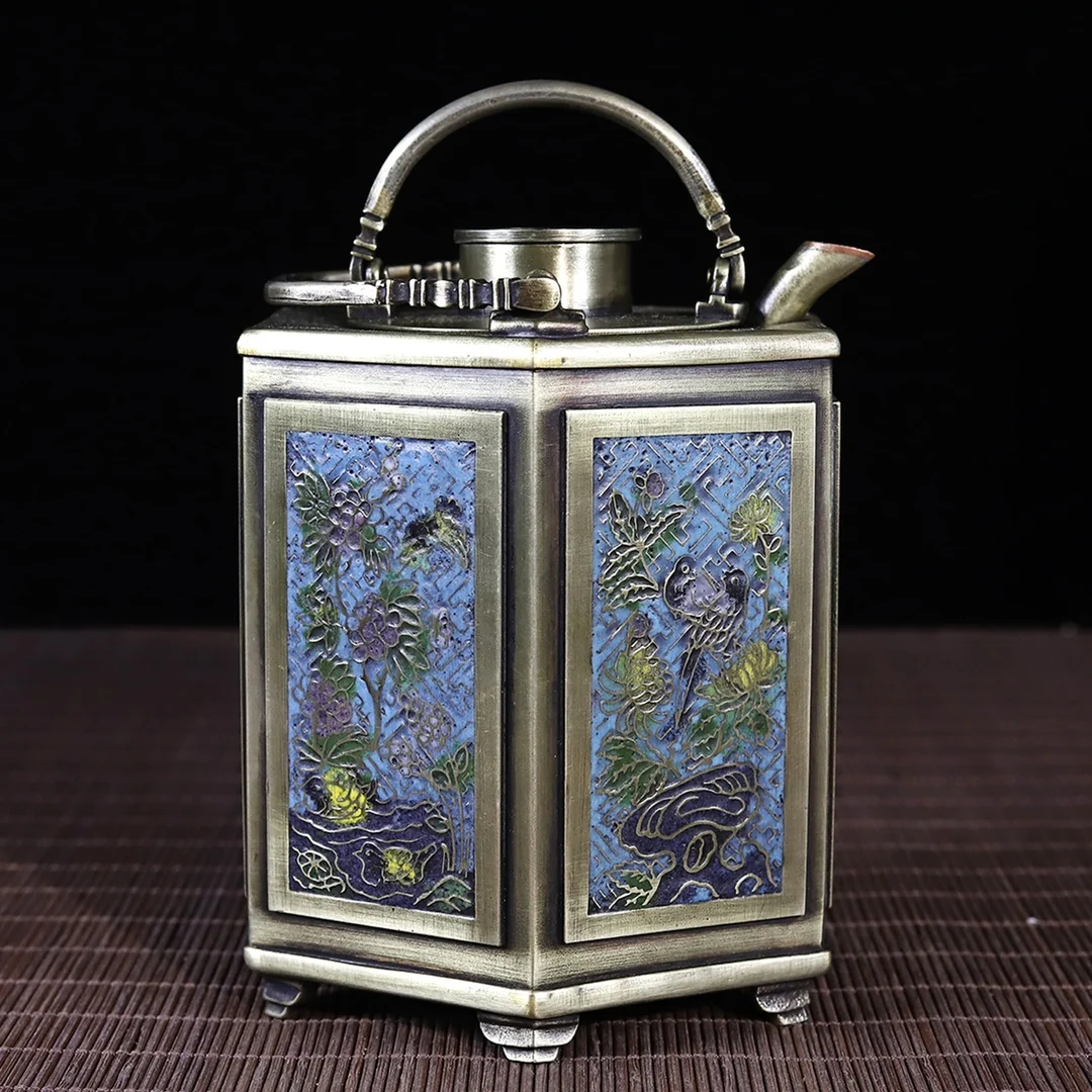 White Copper Jingte Blue Floral And Bird Hexagonal Handle Wine Warmer 3