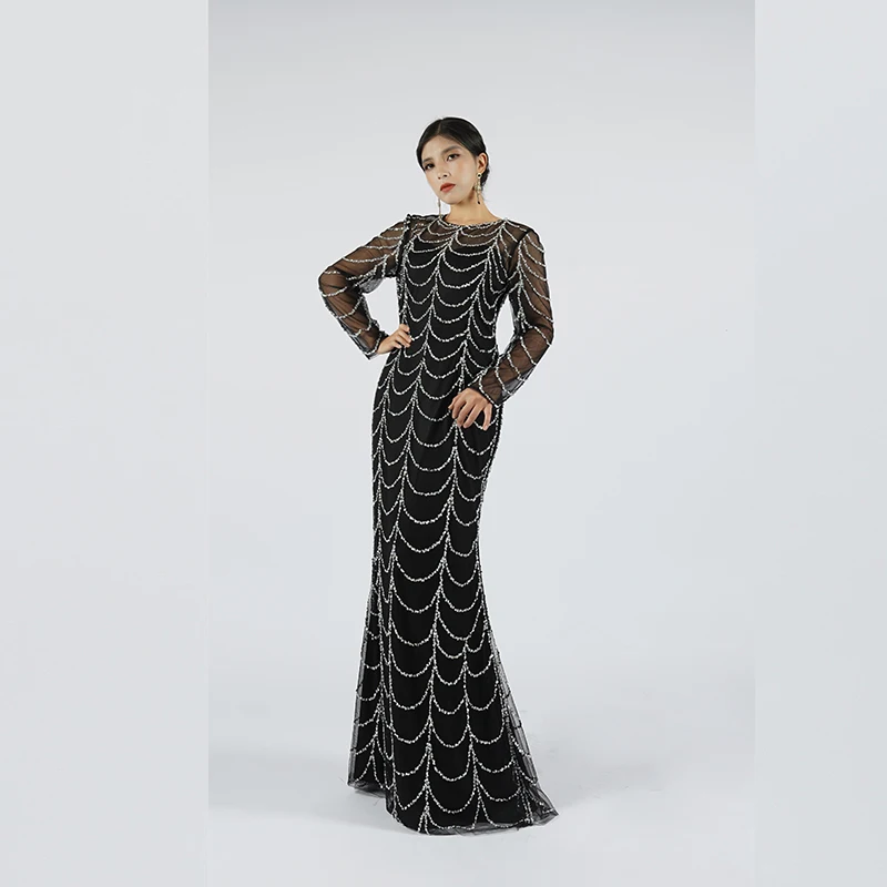 Baisha Light luxury  evening dress long sleeve round neck net gauze beaded slim long European American evening dress C1