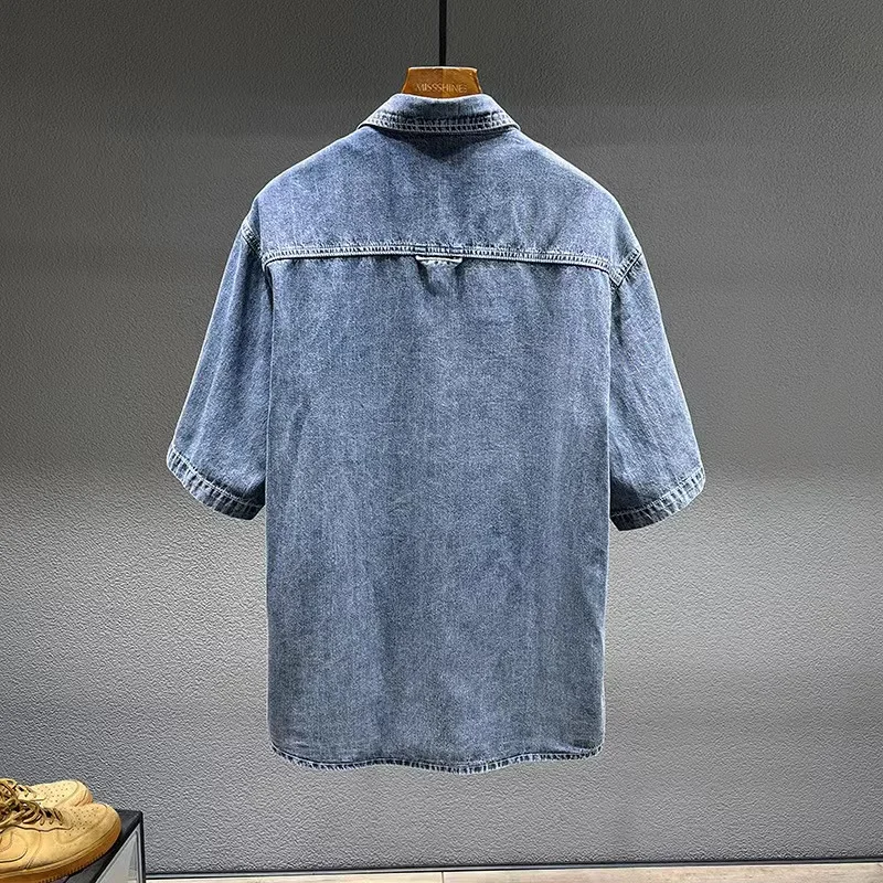 Summer New Men\'s Denim Short-sleeved Shirt Retro Large Size Tooling Loose Casual Denim Tops All-match 7XL 8XL