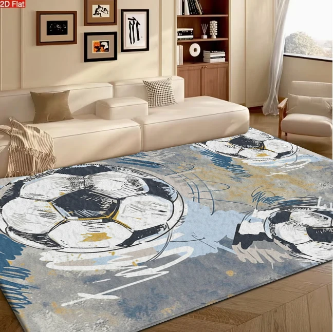 Dynamic Soccer Ball Sketch Pattern Carpet Flooring for Boys' Room Sports Theme Non Slip Washable Durable Floor Mat