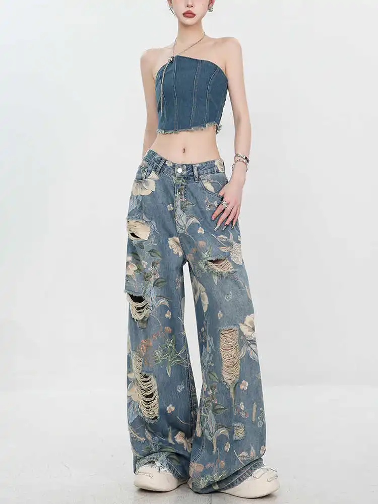 

American Retro Printed Ripped Jeans, Women's Spring And Autumn Straight Leg Loose, Floor Length Wide Leg Pants