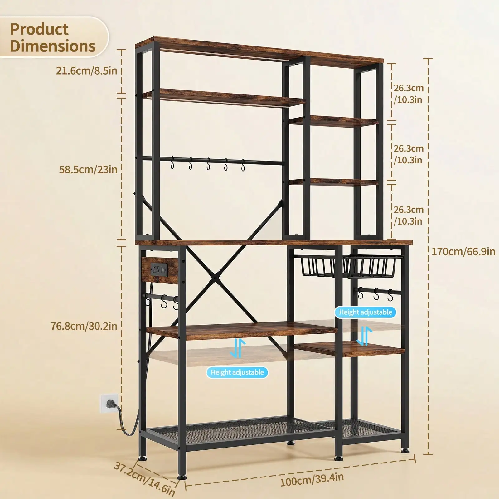 4/6 Tier Kitchen Baker's Rack with Power Outlet Microwave Stand Coffee Bar Table Rustic Brown Black