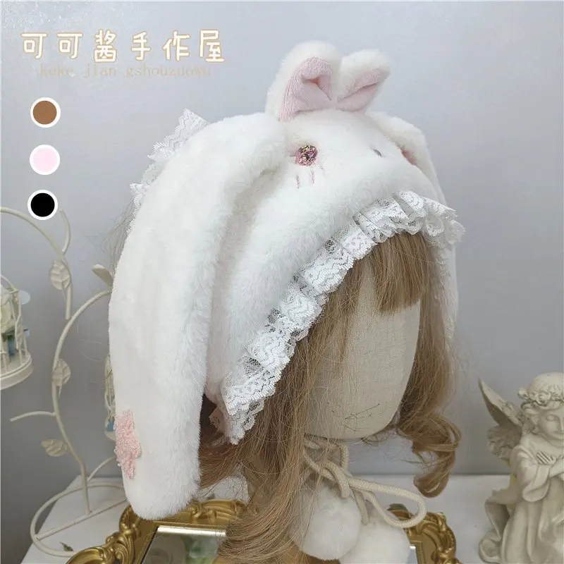 Japanese Style Soft Girl Lolita Cute Sweet Plush Lop Eared Rabbit Cap with Ears Autumn and Winter Warm Hat Female