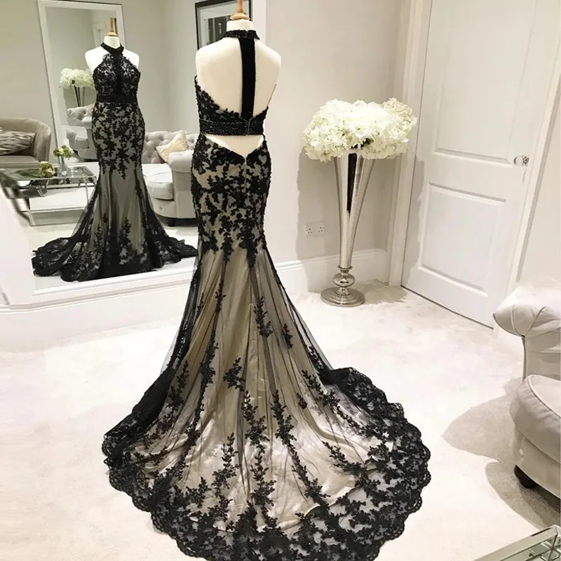 Designer Black Lace Evening Dresses Mermaid Halter Neck Backless Sweep Train Plus Size Long Formal Prom Night Gowns Robe De Soir