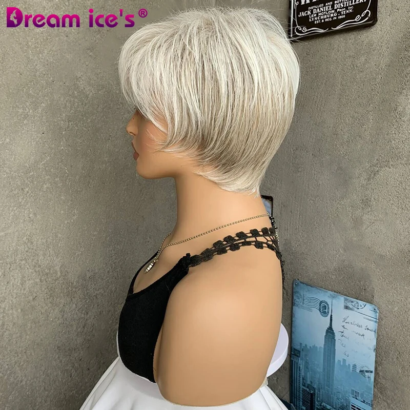 Gemischte weiße blonde kurze gerade gewellte Haare synthetische Pixie Cut Perücken mit Pony für Frauen High Tempre ture Fiber Lady tägliche Perücken