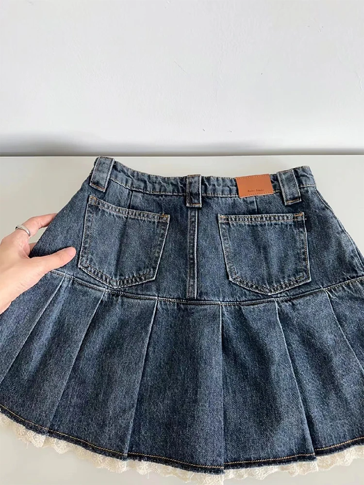 Amerykański Retro Kawaii dżinsowa Mini spódniczka damska seksowna Gyaru koronkowa patchworkowa wysoka talia plisowana spódnice z dżinsu spodenki Y2k