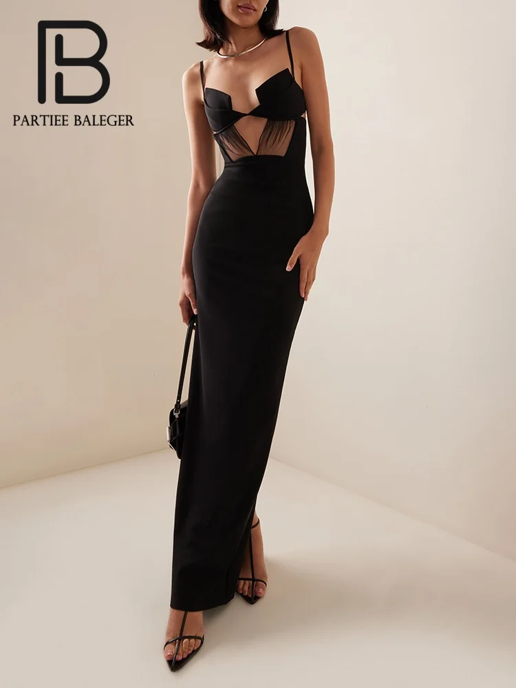 PB Chic Black Maxi Dress with Sheer Panel Sexy Spaghetti Strap Mesh Patchwork Hollow Out Bandage Evening Party Gowns