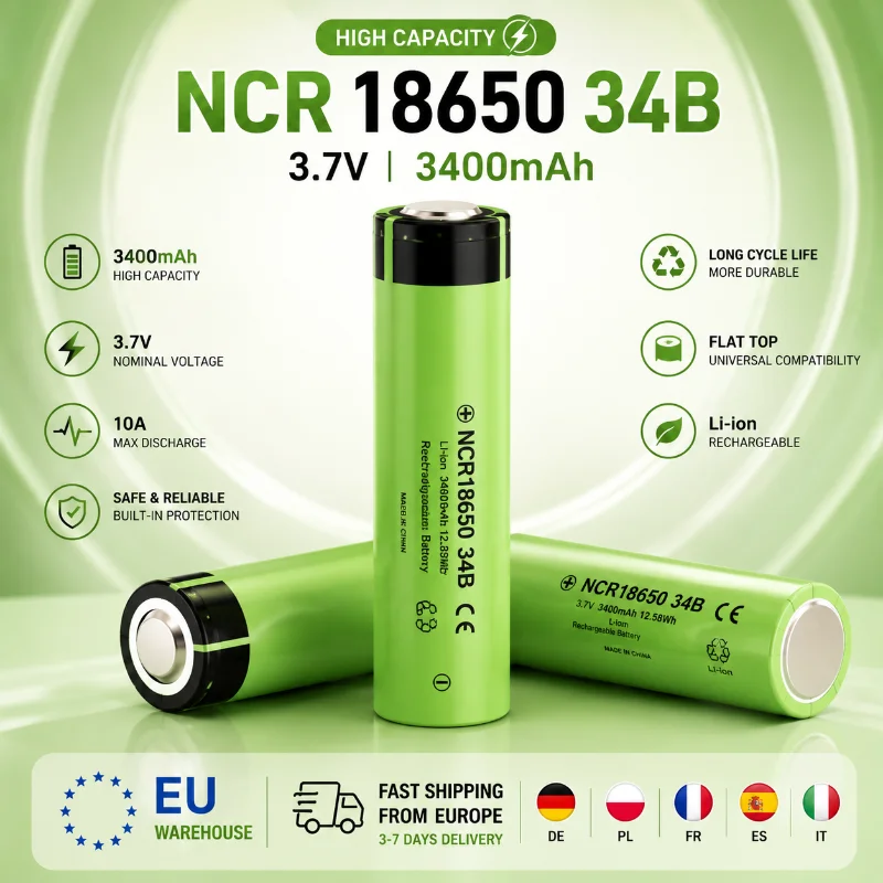 Batteria ricaricabile al litio NCR 18650 34B 3400mAh 3.7V 10A Li-ion Flat Top ad alta capacità e lunga durata per torcia LED e dispositivi elettronici, spedizione rapida dal magazzino in Polonia UE