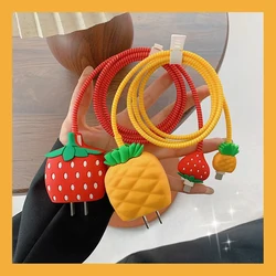3D Cartoon Strawberry Silicone Charger Protector Cover For iPhone 16 Pro Max 15 18W 20W USB Cable Charging Head Protection Cases