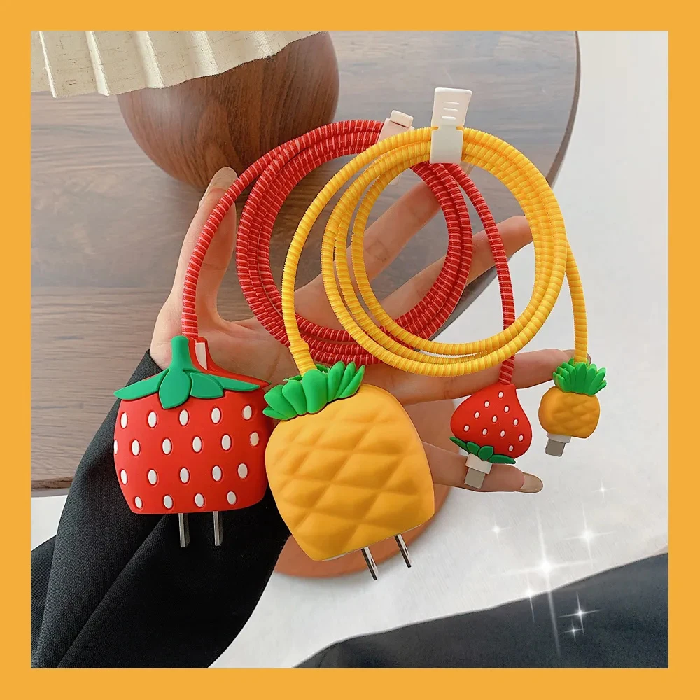 3D Cartoon Strawberry Silicone Charger Protector Cover For iPhone 16 Pro Max 15 18W 20W USB Cable Charging Head Protection Cases
