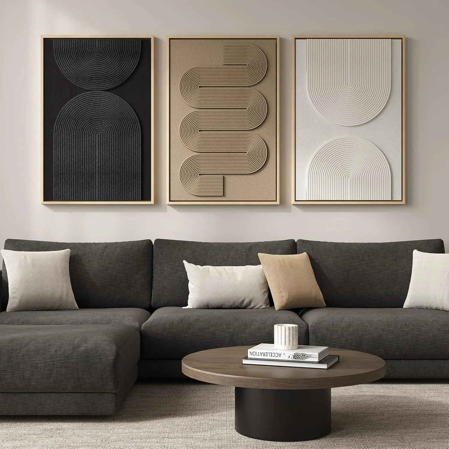 Set of 3 Framed Black White Brown Neutral Geometric 3D Textured Abstract Canvas Wall Art Prints, Boho Tone Wall Decor for Living Room Bedroom Dining Room Office Indoor Home Display