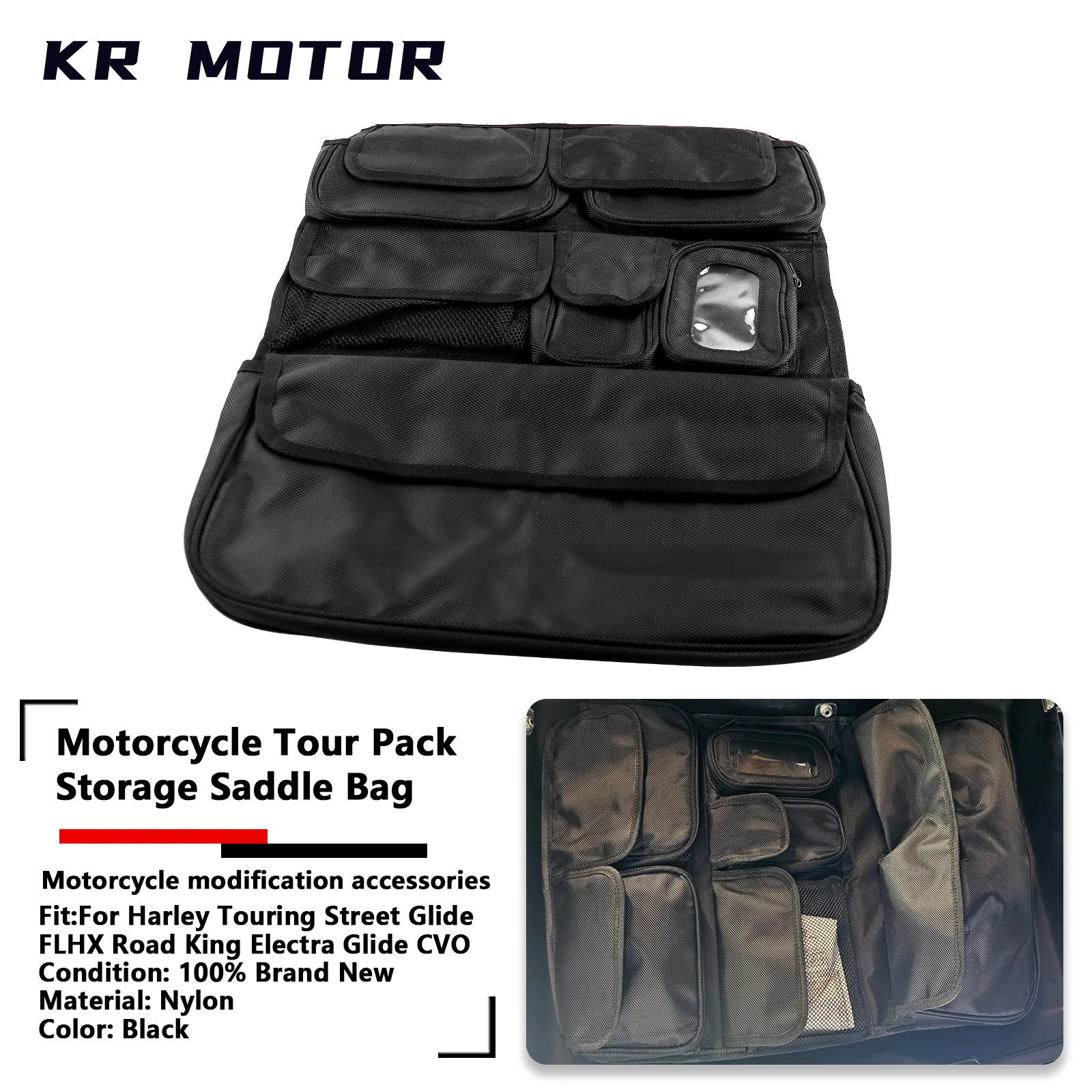 Motorcycle Tour Pack Lid Organizer Storage Saddle Bag Pouch For Harley Touring Street Glide FLHX Road King Electra Glide CVO