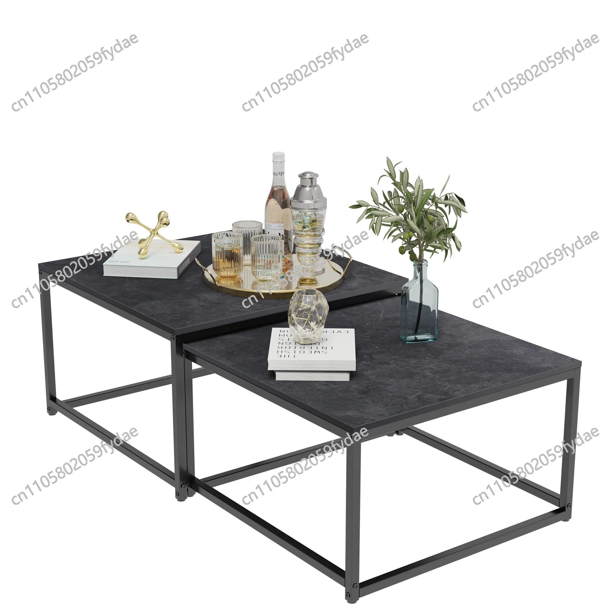 Modern Nesting Coffee Table Set of 2 for Living Room Center Office, Square Marble Cocktail Table with Stackable, White/Black