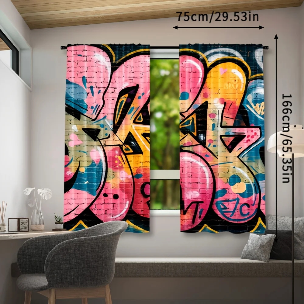 Colorful Graffiti Wall Curtain, Urban Street Art Print Drape, Hip Hop Style Window Treatment for Teen Room Man Cave Decor