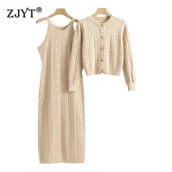 ZJYT Autumn Winter Long Sleeve Knitted Cardigan Sweater and Sleeveless Dress 2 Piece Clothing Women Vintage Casual Dress Female