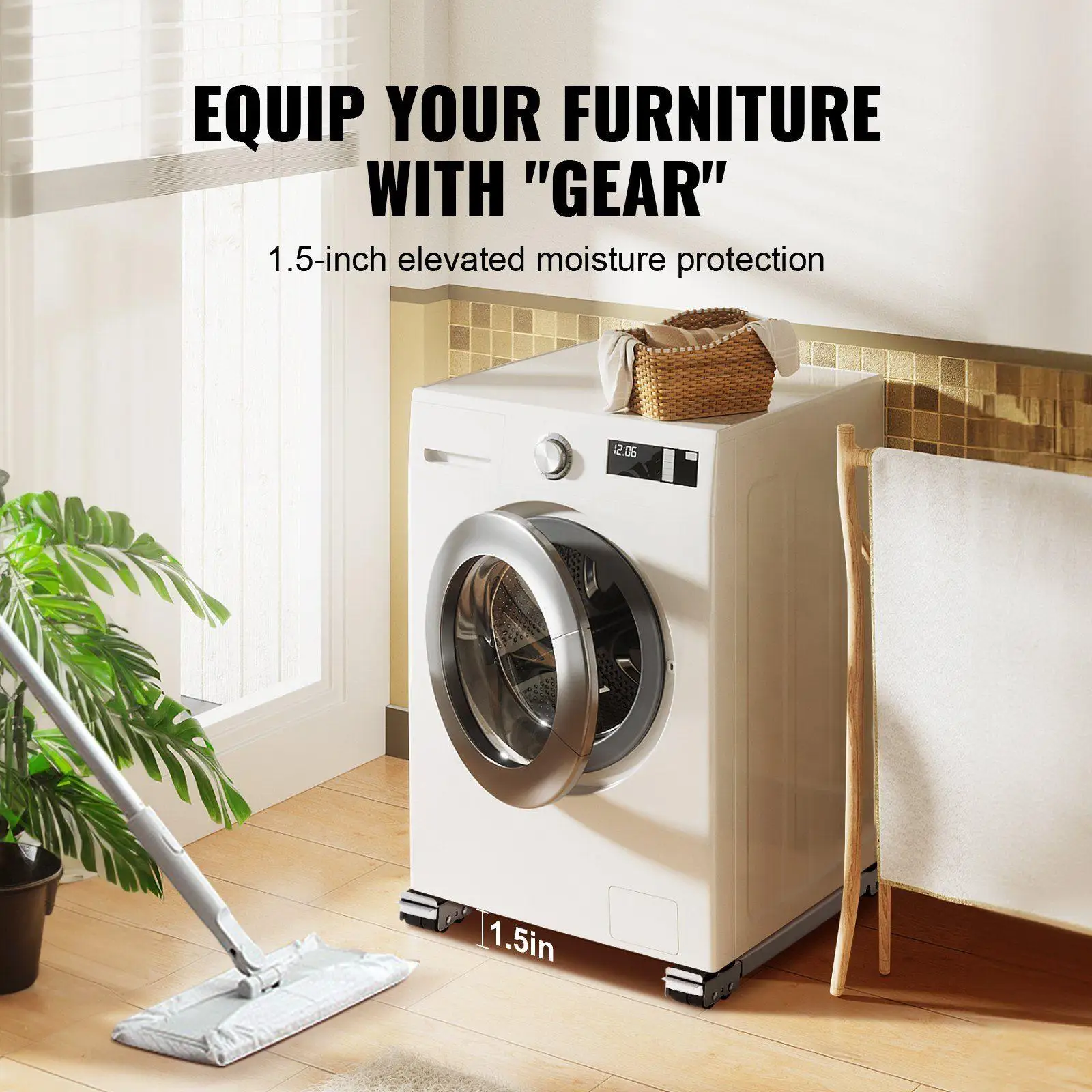 17,5 inch-27,6 inch uitschuifbare wasmachine, draagvermogen 660 lb, 16-wielige heavy-duty rol voor apparaten, afsluitbare rem, wit