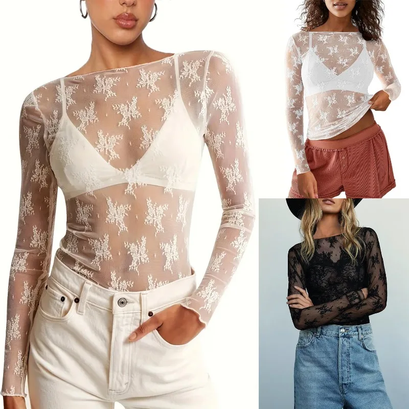 

Elegant Womens Lace Mesh Long Sleeve Boat Neck Tops Embroidery Sheer Blouse Sexy See Through Shirt Party Club Night Top