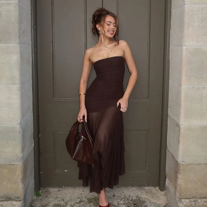 Sexy Strapless Sleeveless Ruched Bodycon Mesh Patchwork Dress Dresses Spring Summer