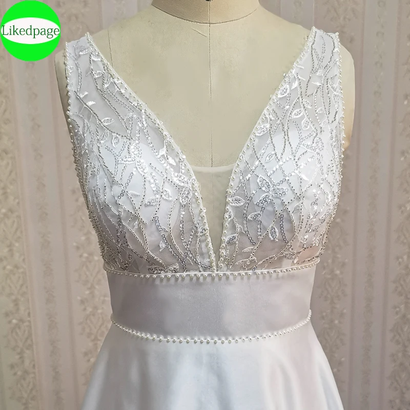 Gợi Cảm Áo Cưới Năm 2021 Một Dòng Satin Vestidos De Novia Áo Dài Cô Dâu Cổ V Ảo Ảnh Áo Dây Mariage Boda Hochzeit Đảng kleid