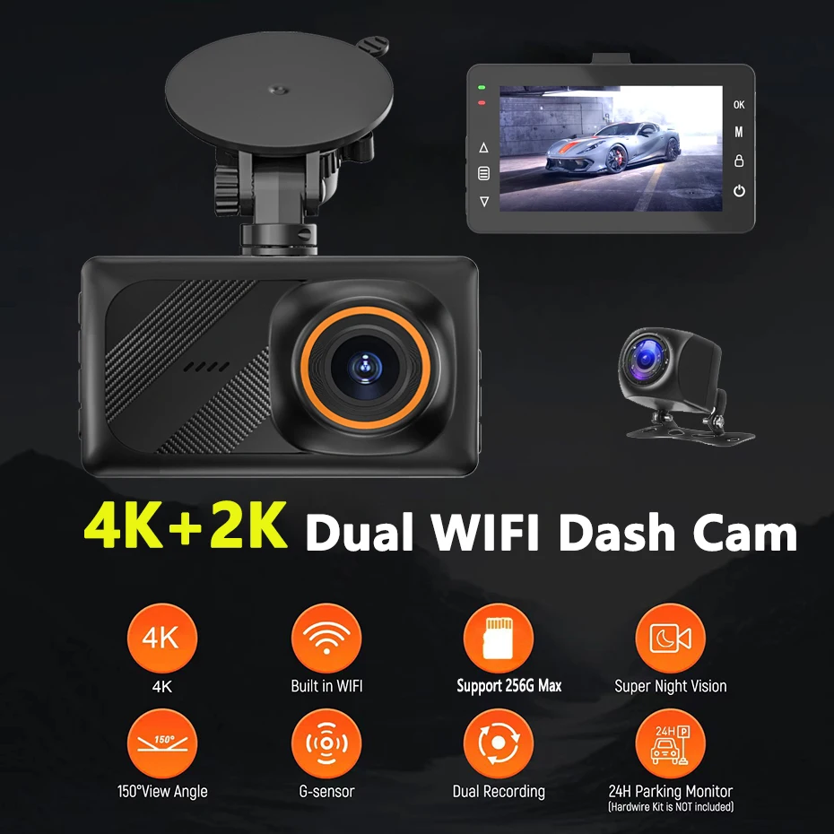 كاميرا أمامية وخلفية 4K و2K مع واي فاي، رؤية ليلية، تسجيل حلقة، مستشعر G، شاشة ركن السيارة 24/7، مسجل فيديو للسيارة