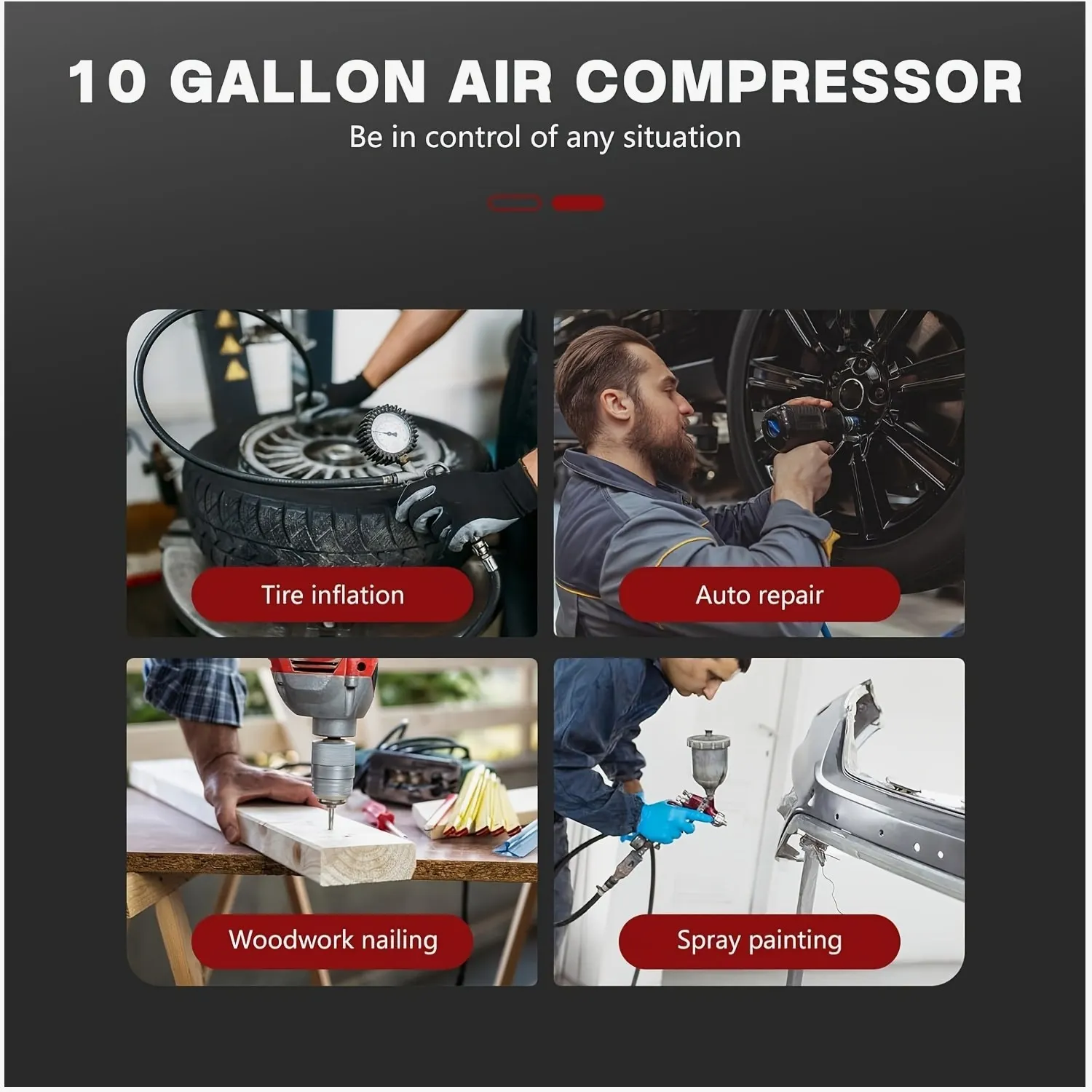 

Ultra-Quiet 10-Gallon Oil-Free Air Compressor – 2HP, 8.76 CFM at 115 PSI, Dual Quick Couplers, 110V/60Hz, 70 dB Low-Noise Design for Car Maintenance, Spray Painting, Brad Nailing & Woodworking Tasks