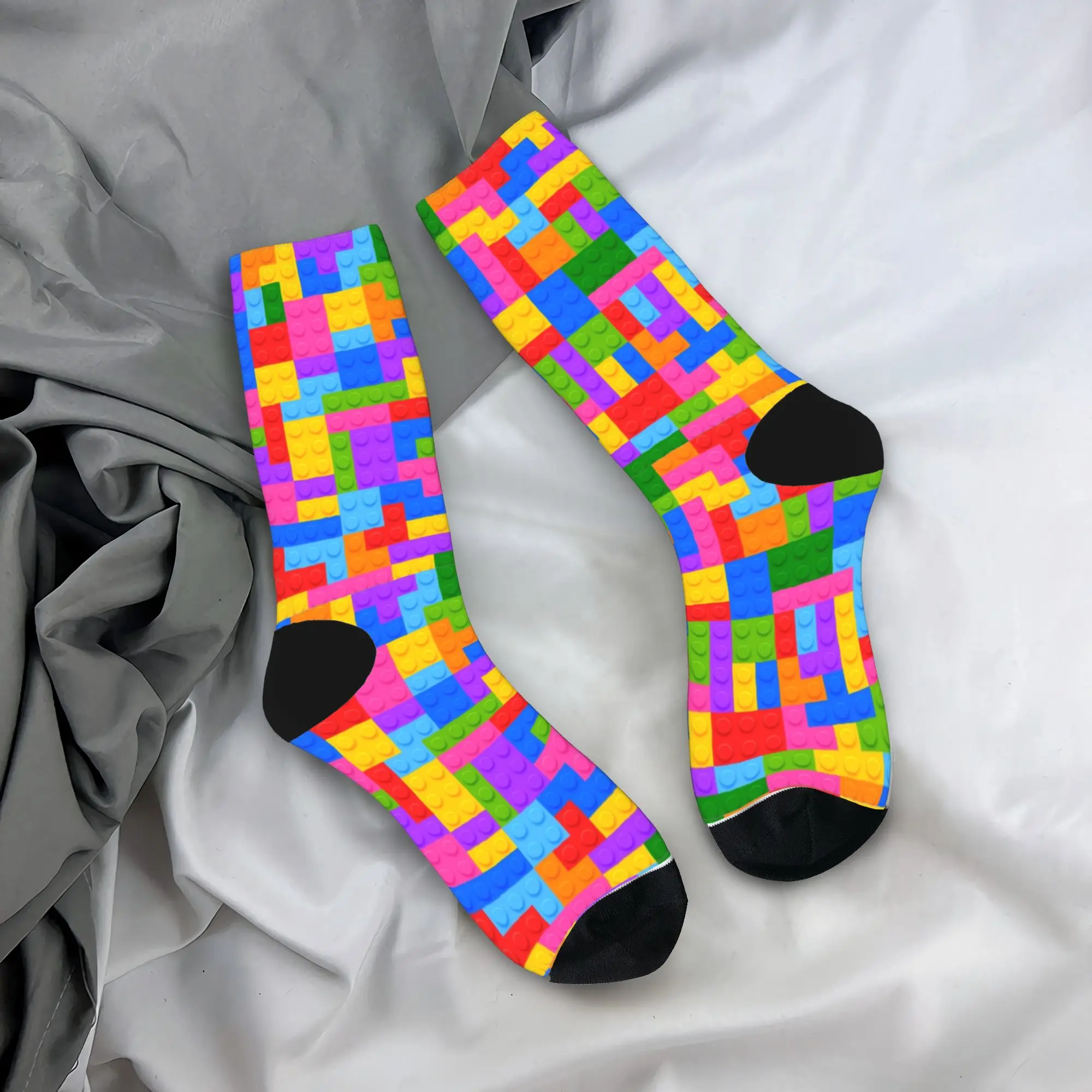 Rainbow Gradient Building Blocks Pattern Stockings Design Casual Socks Spring Anti Bacterial Socks Men Outdoor Sports Soft Socks
