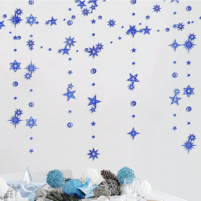 Royal Blue Star Garland for Blue Ramadan Party Decorations Starry Banner Backdrop Moon Star Steamer Hanging Birthday Decorations