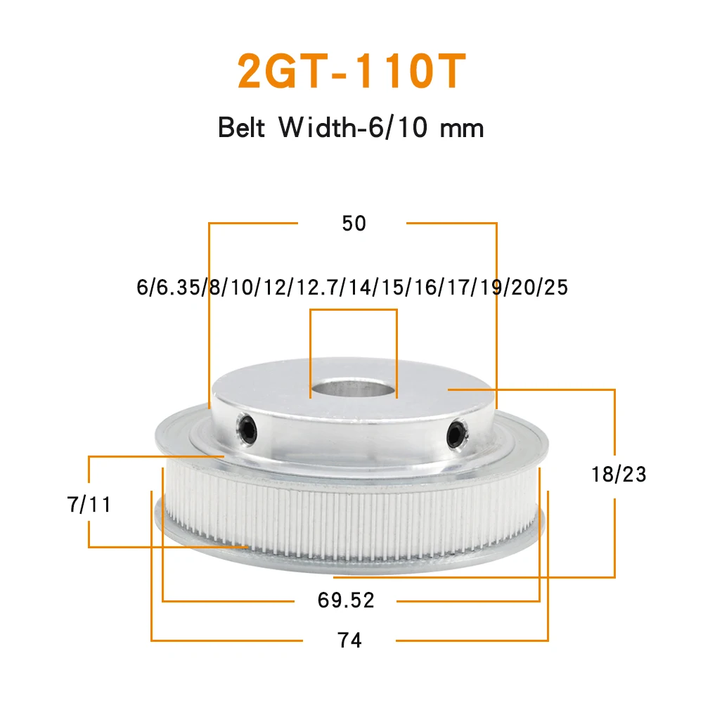 2GT-110T Belt Pulley Bore Size 6/6.35/8/10/12/12.7/14/15/16/17/19/20/25 mm Alloy Pulley Teeth Pitch 2 mm Belt Width 6/10 mm