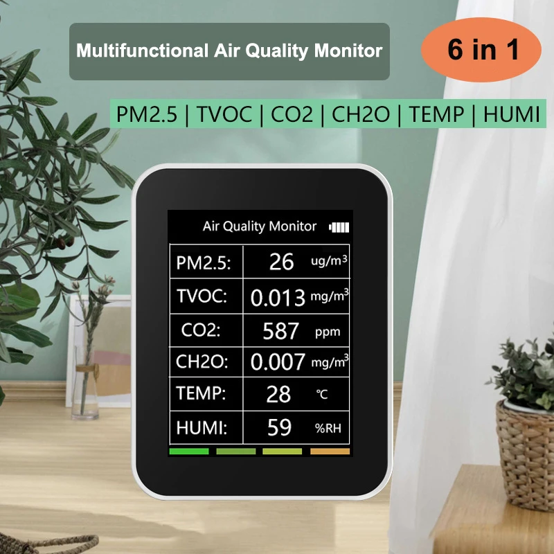 Monitor de calidad del aire WiFi Tuya, medidor de CO2, 6 en 1, PM2.5, PM10, HCHO, TVOC CO, Detector de Gas, probador de dióxido de carbono