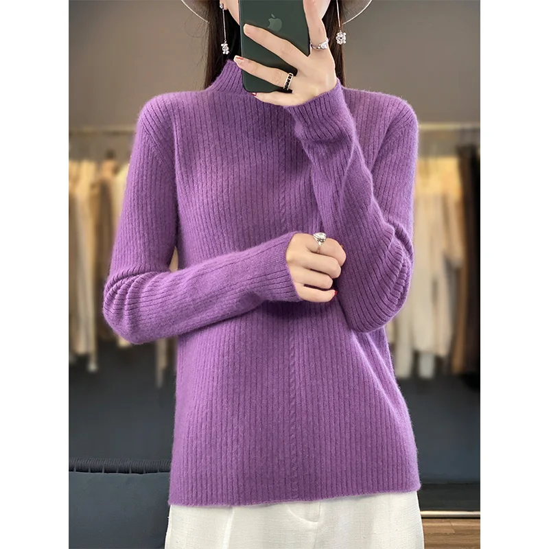 

Jueqi Cashmere Sweater Women's Autumn and Winter New Half High Neck Sweater 100% Pure Wool Knitted Underlay RT-939