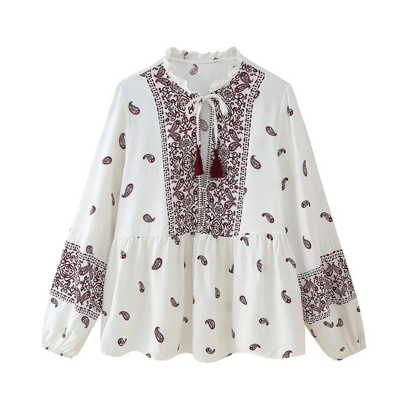 

Women's Blouse New Spring 2025 Wheat Ears Fringed Rope Trim Printed Long Sleeve Shirt Stylish Casual and versatile 5029081